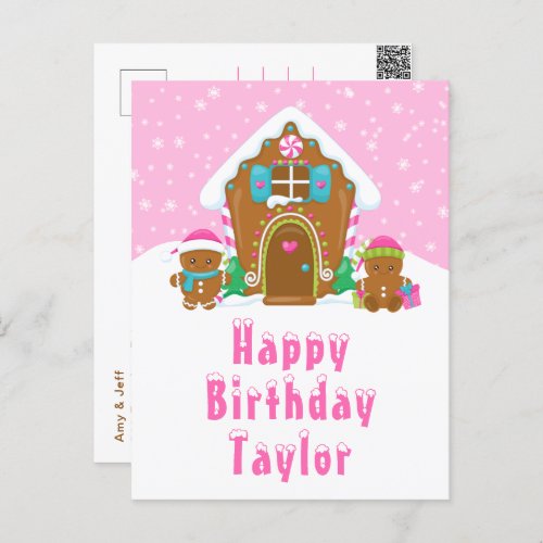 Gingerbread House Pink Happy Birthday Postcard