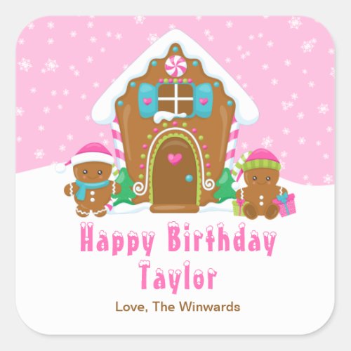 Gingerbread House Pink Happy Birthday Square Sticker