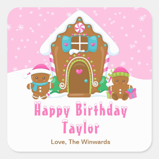 Gingerbread House Pink Happy Birthday Square Sticker (Front)