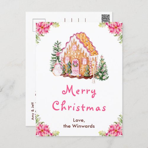 Gingerbread House Pink Merry Christmas Holiday Postcard
