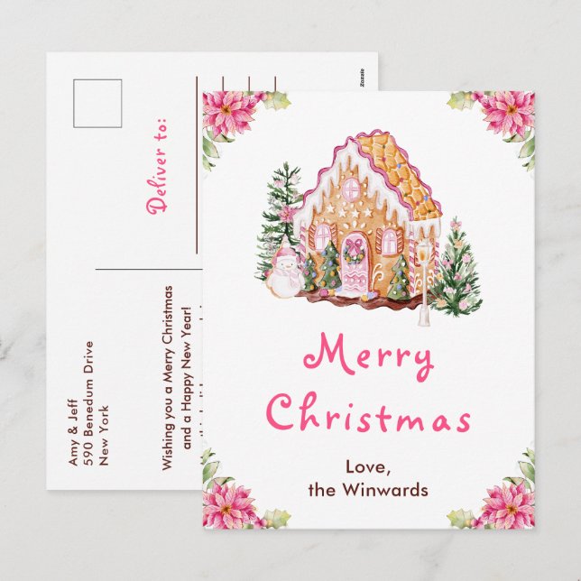 Gingerbread House Pink Merry Christmas Holiday Postcard (Front/Back)