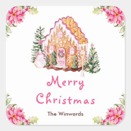 Gingerbread House Pink Merry Christmas Square Sticker
