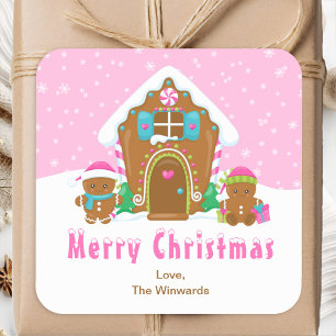 Gingerbread House Pink Merry Christmas Square Sticker