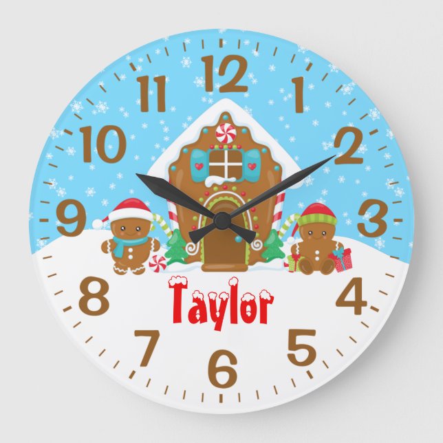 Gingerbread House Red and Blue Large Clock (Front)