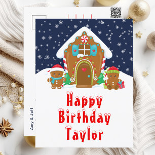 Gingerbread House Red and Navy Happy Birthday Postcard