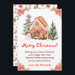 Gingerbread House Red Merry Christmas Holiday Card<br><div class="desc">This elegant and festive watercolor Christmas card can be personalized with your family name. It features a watercolor gingerbread house and beautiful red poinsettia flowers. The text combines handwritten script and sans serif fonts for a stylish and modern look. The snowman, decorated pine trees and holiday wreath add a festive...</div>