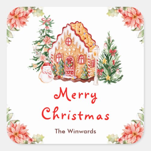 Gingerbread House Red Merry Christmas Square Sticker