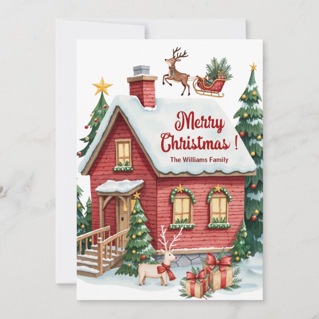 Gingerbread House Reindeer Fir Trees Holiday Card (Front)