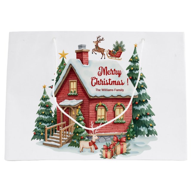 Gingerbread House Reindeer Fir Trees Large Gift Bag (Front)