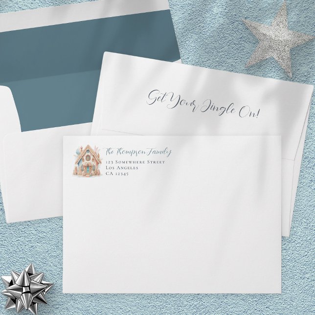 Gingerbread House Return Name Address Christmas Envelope (View of front, back flap and inside)