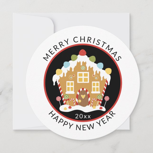 Gingerbread House Round, Minimal Christmas Holiday Card (Front)