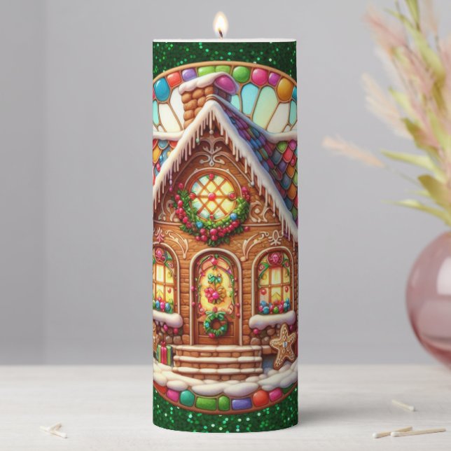 Gingerbread House Round Pillar Candle (In Situ)