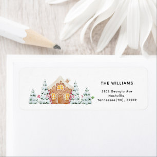 Gingerbread house snowy trees minimalist Christmas Label