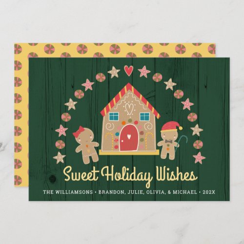 Gingerbread House Sweet Wishes Green Rustic Wood Holiday Card