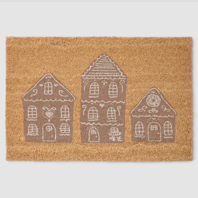 Gingerbread House Village Illustration Doormat Fiber Doormat (Front)