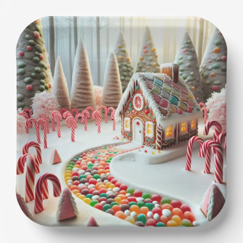 Gingerbread House With Candy Canes Paper Plates