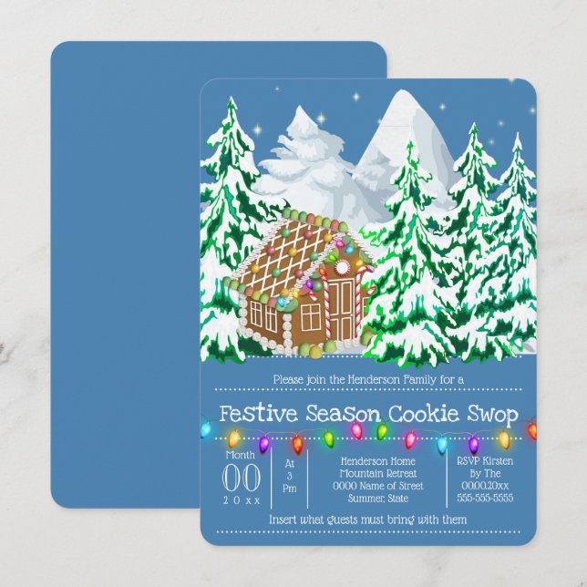 Gingerbread house woodland snow bright lights invitation (Front/Back)