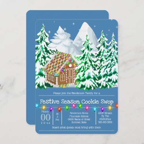 Gingerbread house woodland snow bright lights invitation