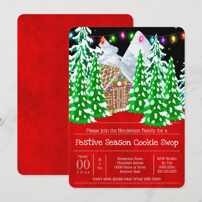 Gingerbread house woodland snow cookie exchange invitation (Front/Back)