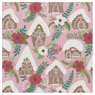 Gingerbread Houses and Christmas Florals - Pink Fabric