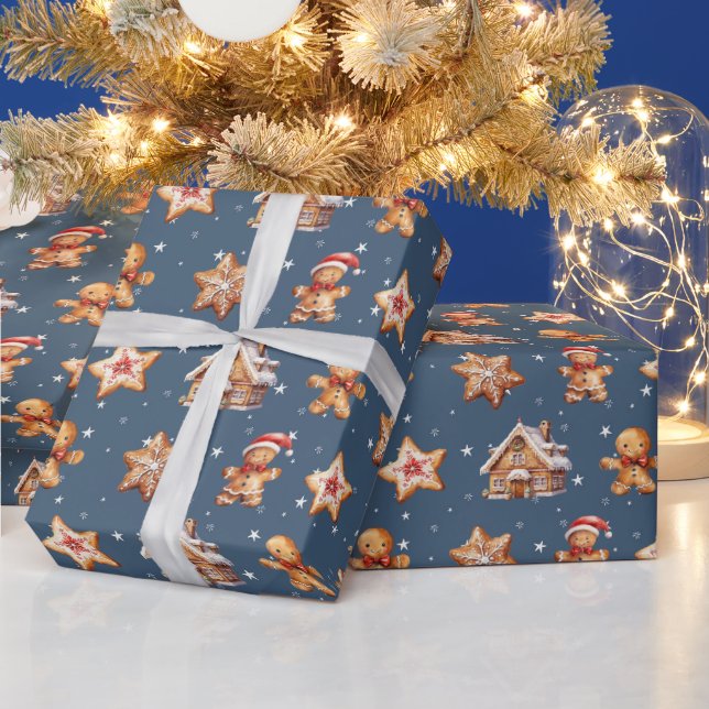 Gingerbread Houses and Men On Stars Wrapping Paper (Holidays)