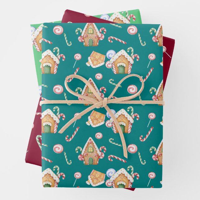 Gingerbread Houses & Candy Canes Set Wrapping Paper Sheets (In situ)