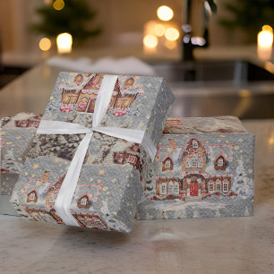 Gingerbread Houses Christmas Snow Steel Gray Wrapping Paper
