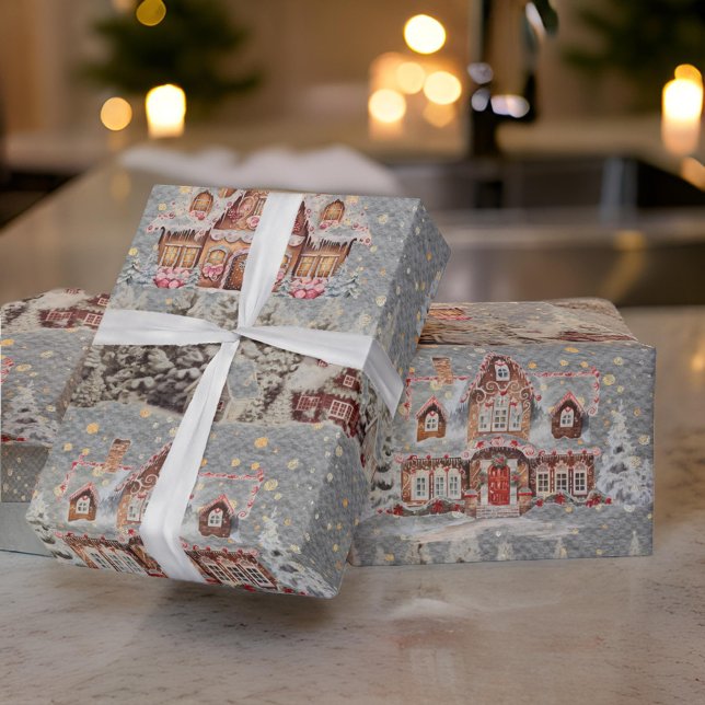 Gingerbread Houses Christmas Snow Steel Gray Wrapping Paper (Creator Uploaded)