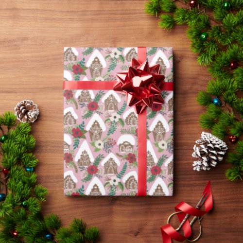 Gingerbread Houses with Christmas Florals on Pink Wrapping Paper