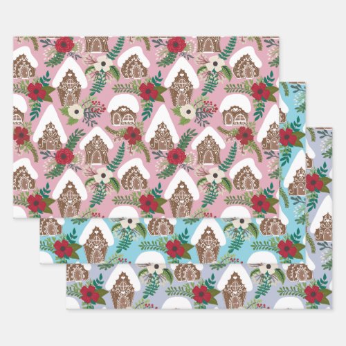 Gingerbread Houses with Christmas Florals Wrapping Paper Sheets