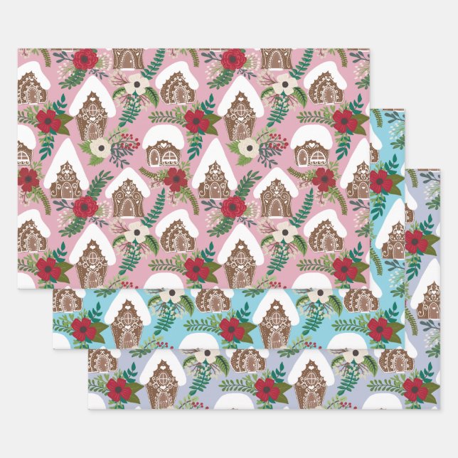 Gingerbread Houses with Christmas Florals Wrapping Paper Sheets (Set)