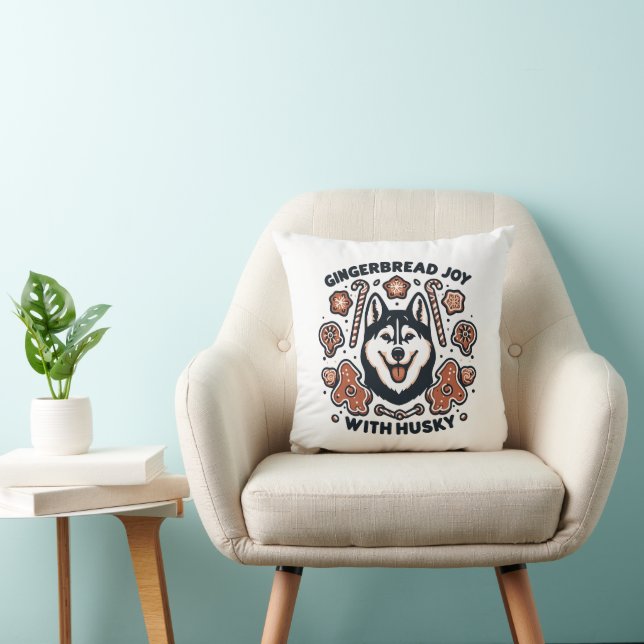 Gingerbread Joy with Husky Dog Minimalist Holiday Throw Pillow (Chair)