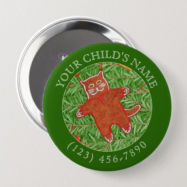 GINGERBREAD KITTY Child ID Button - Green (Front & Back)