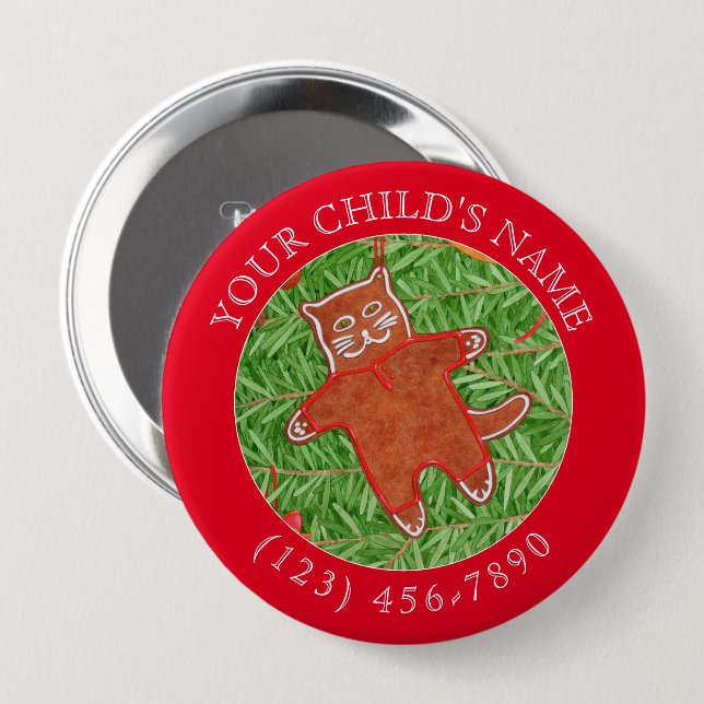GINGERBREAD KITTY Child ID Button - Red (Front & Back)