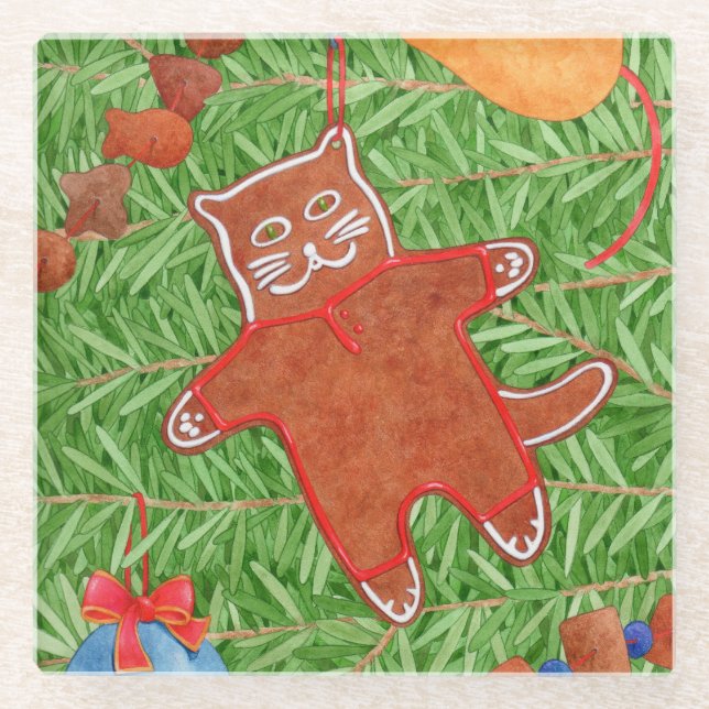 GINGERBREAD KITTY Glass Drink Coaster (Front)