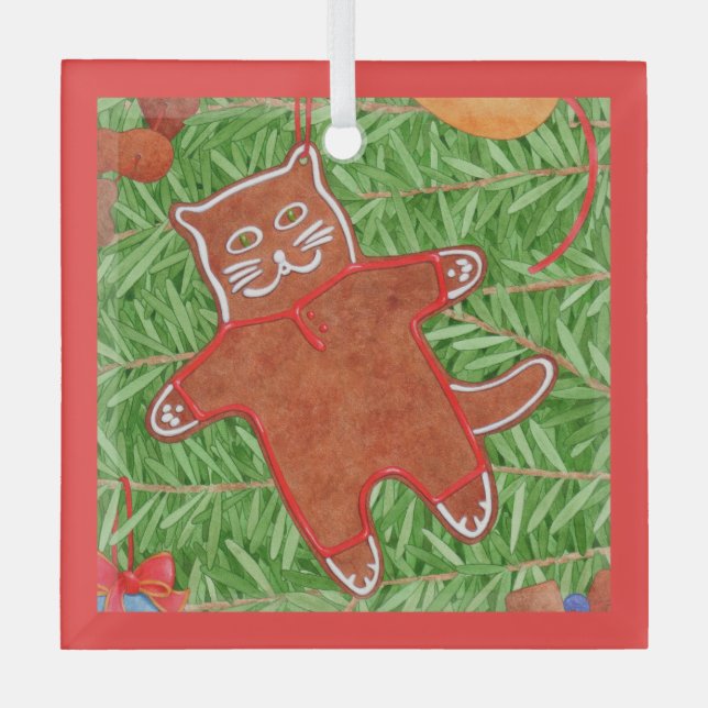 GINGERBREAD KITTY Glass Square Ornament (Front)
