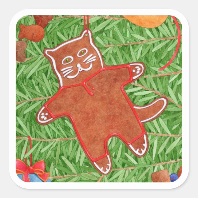 GINGERBREAD KITTY Large Square Sticker / White (Front)