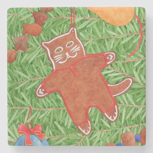 GINGERBREAD KITTY Marble Stone Coaster