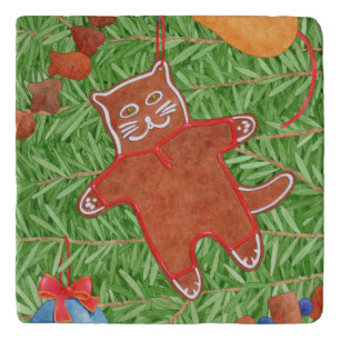 GINGERBREAD KITTY Marble Stone Trivet