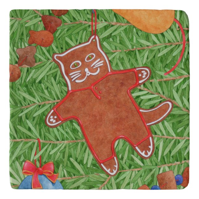 GINGERBREAD KITTY Marble Stone Trivet (Front)