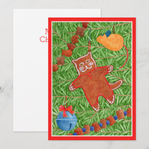 GINGERBREAD KITTY "Meowy Christmas" 5x7 Card / Red
