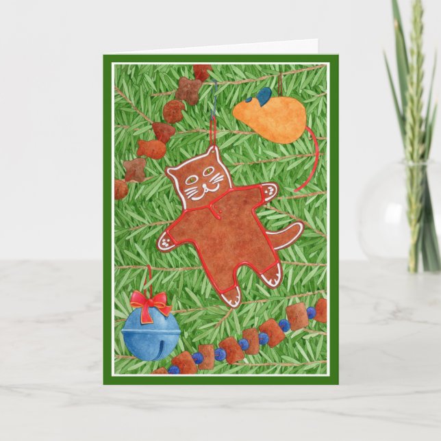 GINGERBREAD KITTY "Meowy Christmas" Card / Green (Front)