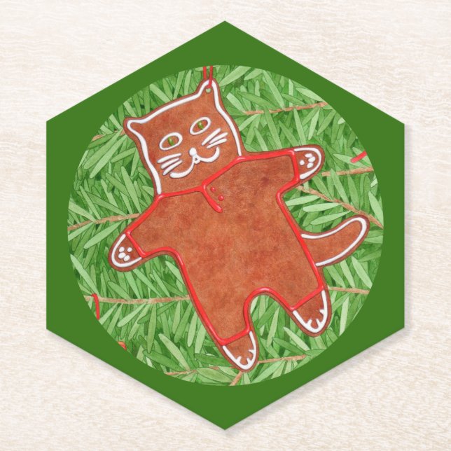 GINGERBREAD KITTY Pointy Hexagon Coasters / Green (Front)