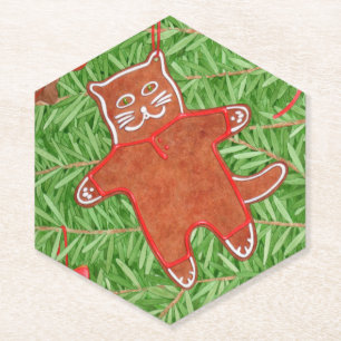 GINGERBREAD KITTY Pointy Hexagon Paper Coasters