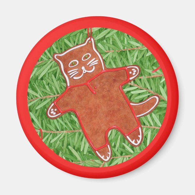 GINGERBREAD KITTY Round Magnet / Red (Front)