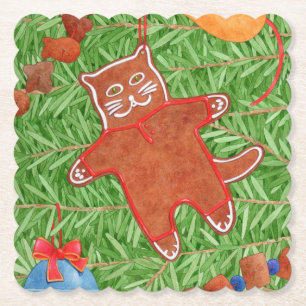GINGERBREAD KITTY Scalloped Square Coasters