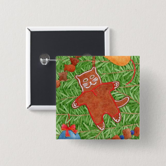 GINGERBREAD KITTY Square Pin Button  (Front & Back)