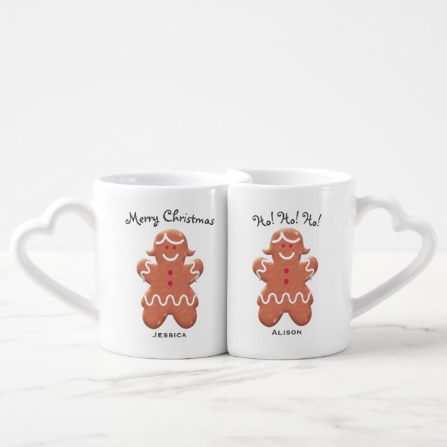 Gingerbread Lesbian Couple Personalised Christmas Coffee Mug Set (Front Nesting)