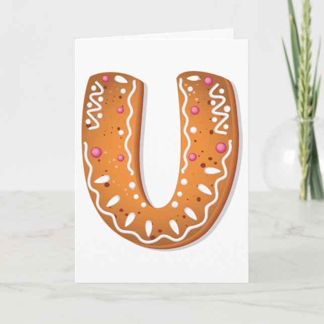 Gingerbread Letter U Monogram Holiday Cookie Card (Front)