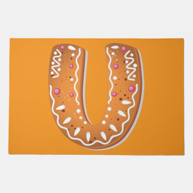 Gingerbread Letter U Monogram Holiday Cookie Doormat (Front)